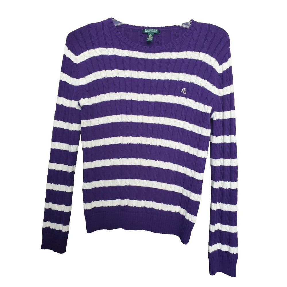 Lauren Ralph Lauren Cotton Cable-Knit Purple Striped Pullover Sweater Size Large